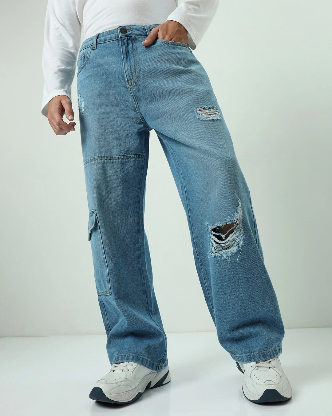 Men's Blue Baggy Straight Fit Distressed Cargo Jeans